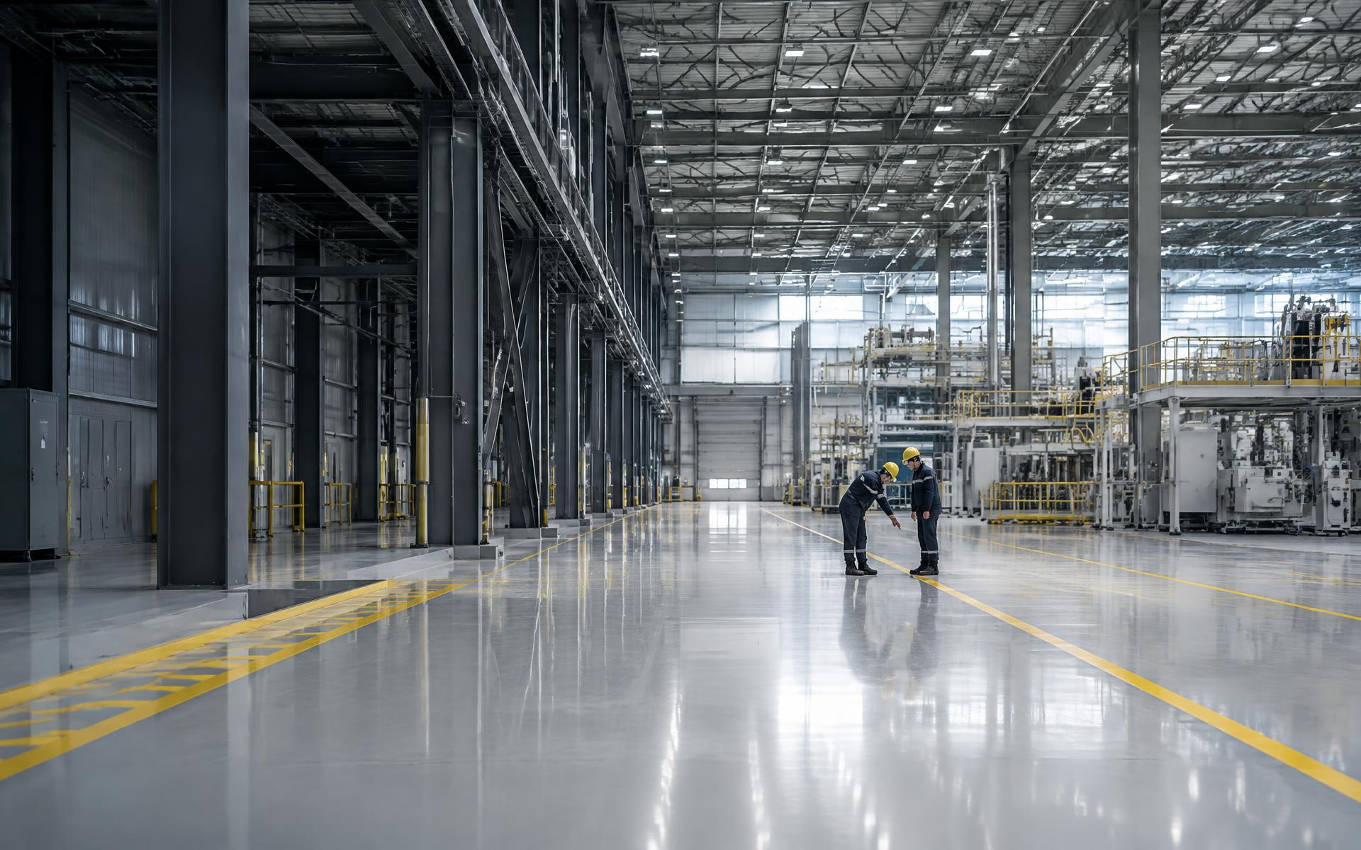 Grande área industrial com piso técnico e equipe inspecionando a operação